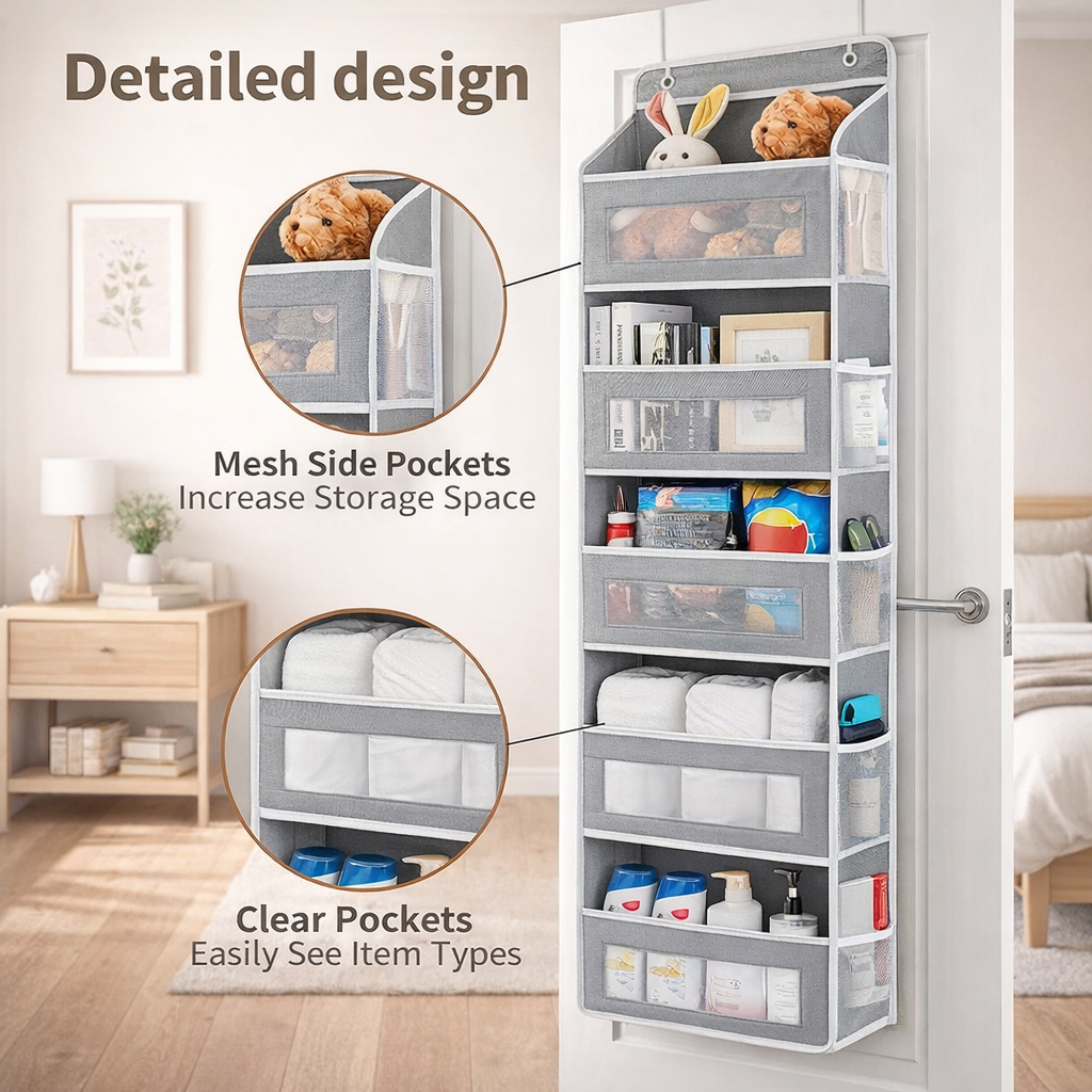 Over The Door Organizer Storage-5-Tier Hangable Organizer with 10 Large side pocket