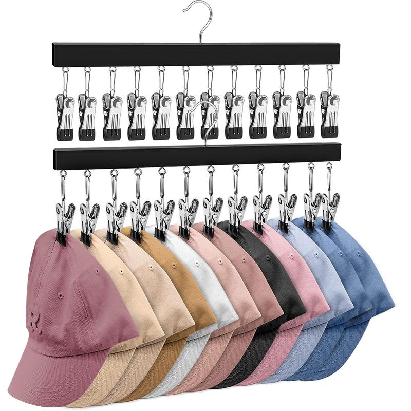 Wooden Hat Organizer with 12 Stainless Steel Clips